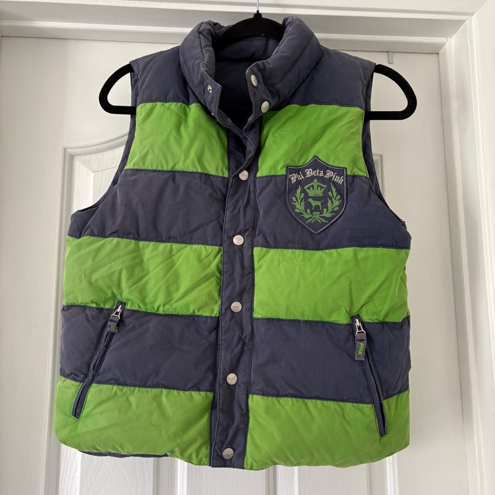Y2K PINK VS Down Puffer Vest Quilted Reversible Blue Green Stripe Crest XS S VTG